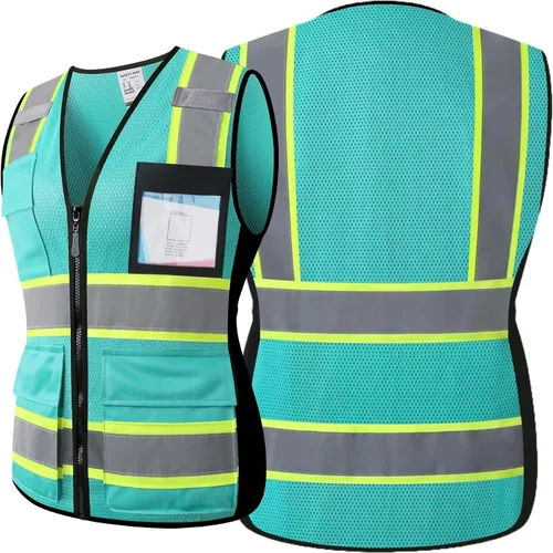 Vista 4 de Chaleco de seguridad para mujer, chaleco de alta visibilidad con 8 bolsillos y cremallera frontal, chaleco reflectante que cumple con las normas