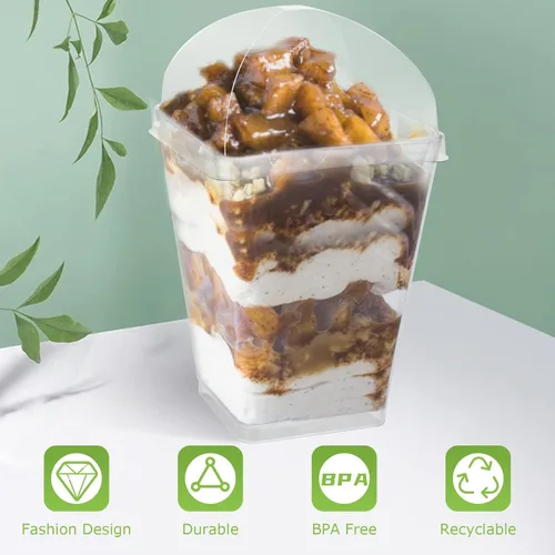 Vista 3 de DAJAVE Paquete de 100 tazas de plástico para postres de 5 onzas con tapas y cucharas, tazas de parfait cuadradas transparentes con tapas, mini tazas
