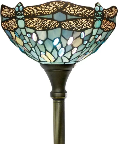 WERFACTORY Tiffany Floor Lamp Sea Blue Stained Glass Dragonfly Light 12X12X71 Inches Pole Torchiere Standing Corner Torch Uplight Decor Bedroom
