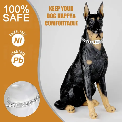 Vista 2 de Collar para perro de 0.47 pulgadas con hebilla de placa de identificación de eslabones cubanos plateados, collares de cadena de acero inoxidable