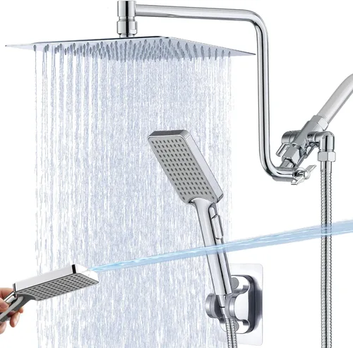 Vista 17 de Cabezal de ducha de alta presión de 10 pulgadas con combo de mano, brazo de extensión de 12 pulgadas de altura ajustable, potente cabezal de ducha