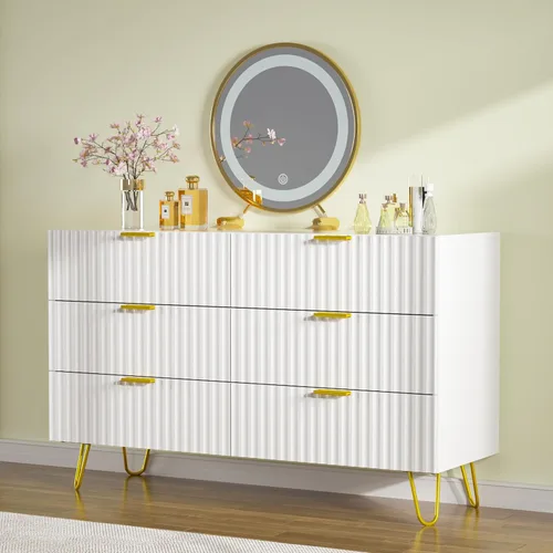 Vista 3 de Cómoda blanca moderna para dormitorio, 6 cajones, cómoda blanca de 47 pulgadas con mango dorado, aparadores de madera y cómoda para dormitorio, sala