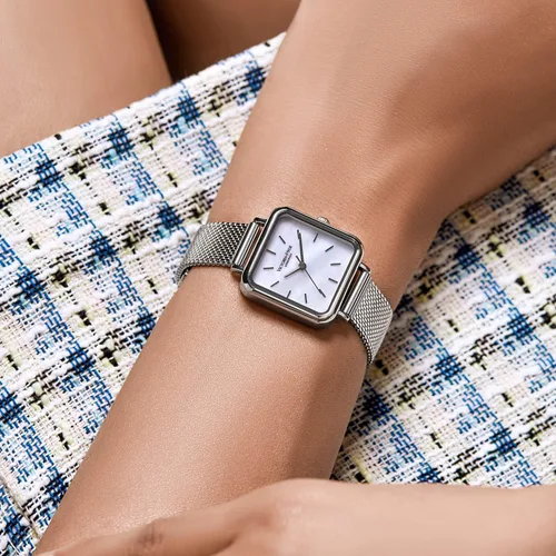 Vista 3 de VICTORIA HYDE Reloj cuadrado plateado para mujer, reloj de malla para mujer