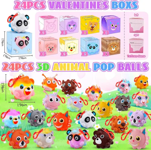 Vista 2 de Regalos para el día de San Valentín para niños, paquete de 24 cajas de San Valentín precargadas con bolas de animales 3D, recuerdos de fiesta de San