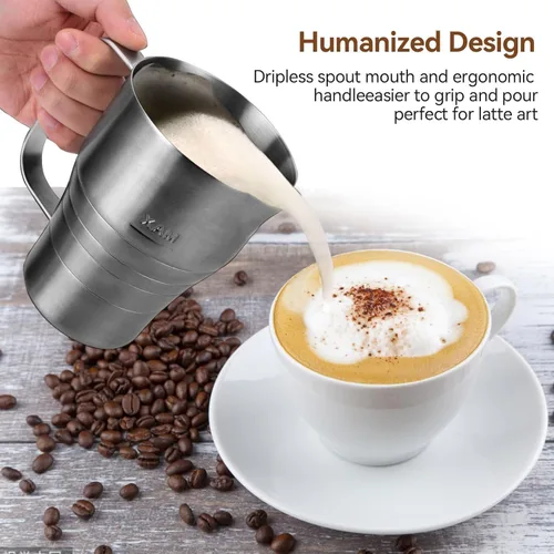 Vista 3 de Jarra de acero inoxidable, gran capacidad de 30.4 fl oz/30 onzas, jarra de espuma de leche espresso con boquilla redonda, herramientas de barista