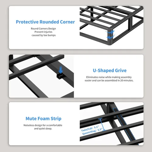 Vista 6 de ROIL Somier metálico de 10 pulgadas tamaño Queen, base de colchón de resortes con cubierta de tela resistente, capacidad máxima de peso de 3500