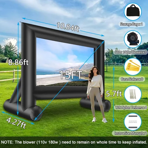 Vista 5 de XHYCPY Pantalla de proyector inflable de 15 pies para exteriores con soplador de aire y bolsa de almacenamiento, fácil de instalar, proyección