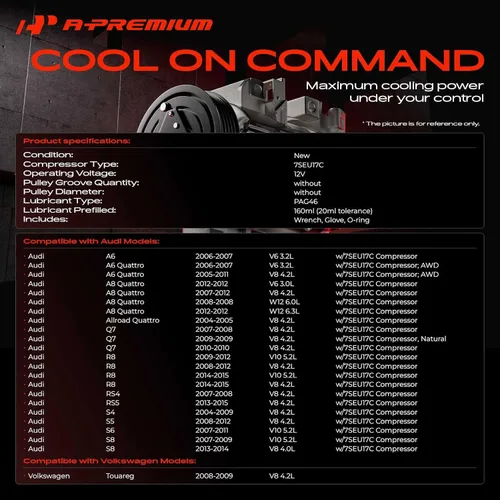 Vista 2 de A-Premium Compresor de A/C con embrague compatible con Audi Q7, A6, A6 Quattro, A8 Quattro, Allroad Quattro, R8, RS4, RS5, S4, S5, S6, S8