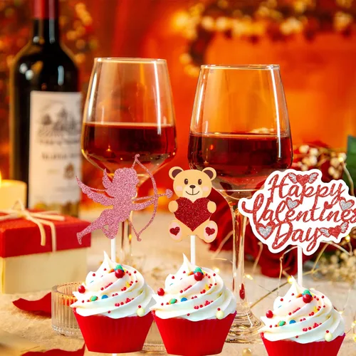 Vista 5 de Ceiba Tree 24 piezas de decoración para cupcakes para el día de San Valentín, con purpurina, corazón, amor, San Valentín, alimentos, suministros