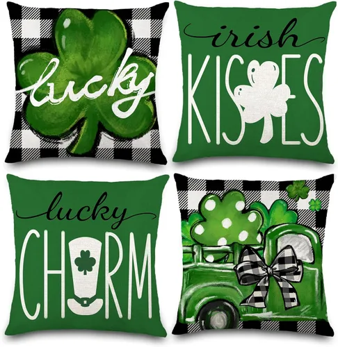 DULEFUN 4 fundas de almohada del Día de San Patricio de 18 x 18 pulgadas, fundas de almohada verdes a cuadros de la suerte para decoración del día