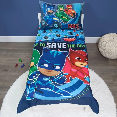 PJ Masks Time to Save The Day - Juego de ropa de cama infantil de 4 piezas, incluye edredón, juego de sábanas, sábana bajera y parte superior +