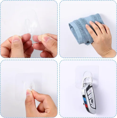 Vista 4 de Tyqour 20 ganchos de pared adhesivos resistentes, transparentes, autoadhesivos, extraíbles, sin daños para colgar en ventanas, cocina, gabinetes