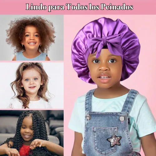 Vista 4 de 2+2 gorros de satén con coleteros para niños, bonitos gorros de pelo para niñas para dormir cabello rizado, A