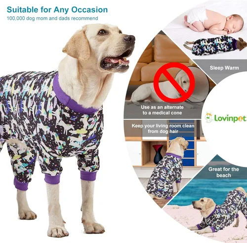 Vista 5 de LovinPet Ropa para perros de raza grande, camisa para el cuidado de heridas/recuperación poscirugía para perros grandes, estampado negro