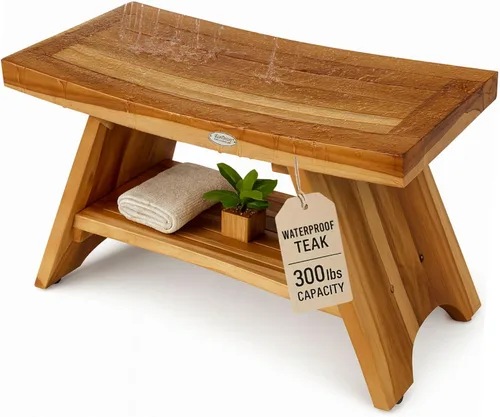 Vista 18 de EcoDecors Banco de ducha de teca con estante de 18", capacidad de 300 lb – Asiento de spa de madera impermeable completamente ensamblado