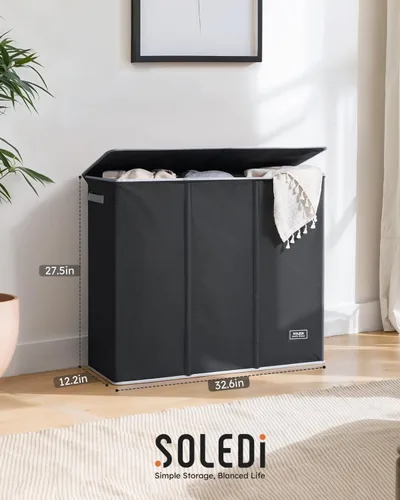 Vista 8 de SOLEDI Cesta de ropa sucia de 180L de 3 secciones, cesta de ropa sucia extra grande con tapa, cesta de ropa sucia con asa resistente, organizador