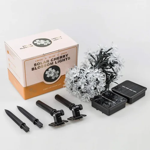 Vista 7 de HEYFUNi Paquete de 2 tiras de luces solares de flores, 50 LED de 21 pies, impermeables, 8 modos de luces de cerezo blanco cálido para árbol, patio