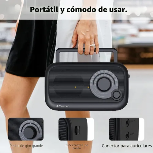 Vista 6 de Radio AM FM con la mejor recepción, altavoz Bluetooth, radio portátil, enchufe DSP en pared, funciona con pilas o alimentación de CA con conector