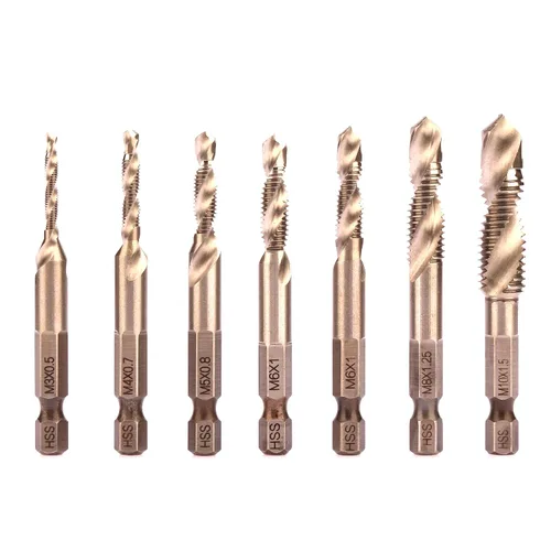 Vista 9 de HSS 6542 (M2) Juego de puntas de grifo combinadas (6 piezas) con vástago hexagonal de 0.250 in recubierto de titanio M3 M4 M5 M6 M8 M10