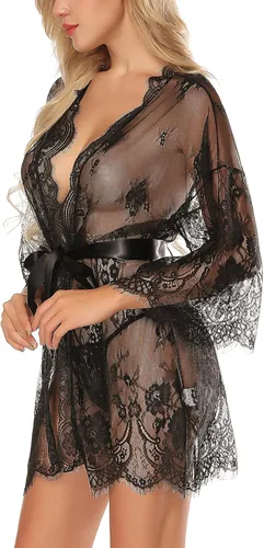 Vista 7 de TGD Conjunto de lencería para mujer en tallas grandes Bata de encaje tipo quimono