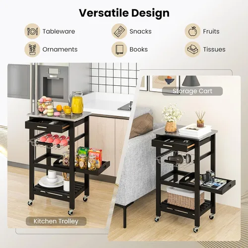 Vista 5 de Giantex Carrito de isla de cocina, carrito de almacenamiento móvil de cocina con mesa de acero inoxidable, cajón, cesta, estante, bandeja de servir