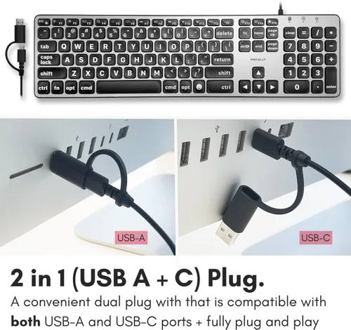 Vista 3 de Teclado con cable Macally para Mac (USB C + A) - Letra grande e retroiluminada para Apple - Teclado USB C de 107 teclas de tamaño completo