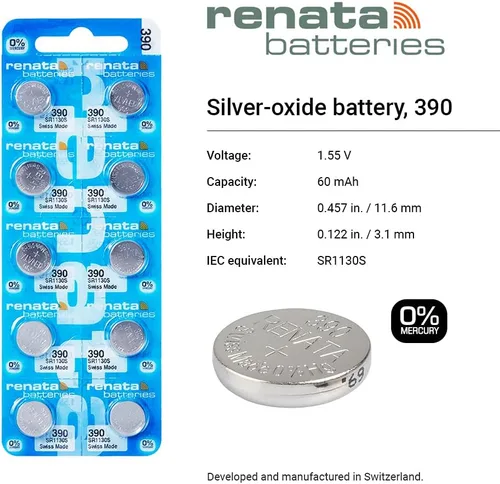 Vista 2 de Renata 390 SR1130SW Baterías – 1.55 V Óxido de Plata 390 Batería de reloj (2 unidades)