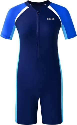 Vista 15 de Karrack - Traje de baño de una pieza con protección contra rozaduras para niños y niñas, deporte acuático, traje de baño corto UPF 50+ con Azul