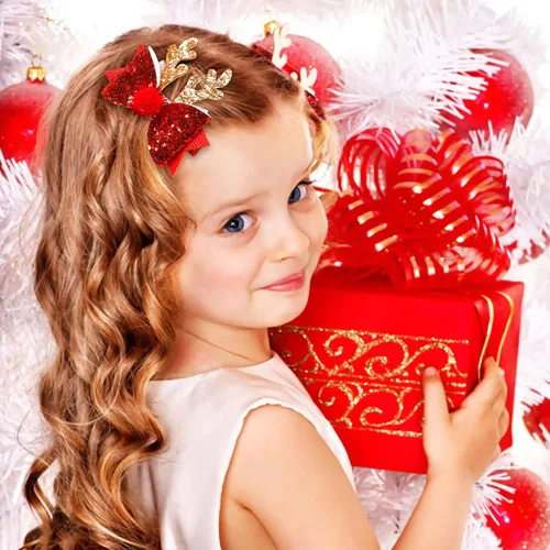 Vista 4 de 4 Piezas Pinzas para el Cabello de Navidad Accesorios para el Cabello con Moño Navideño Lindas Astas de Reno Orejas Lentejuelas con Purpurina