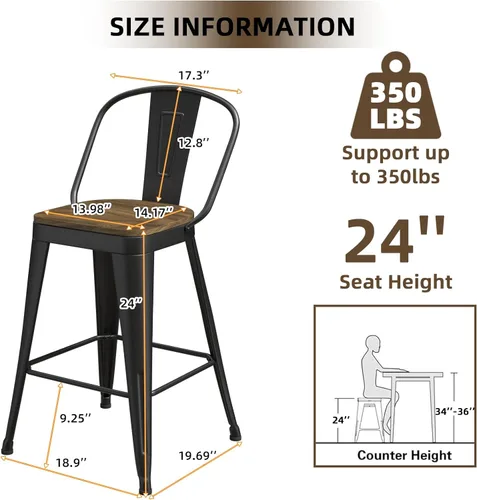 Vista 3 de Juego de 4 taburetes de bar de metal, taburetes de bar con respaldo alto con asiento de madera, taburetes de bar negros de 24 pulgadas para isla