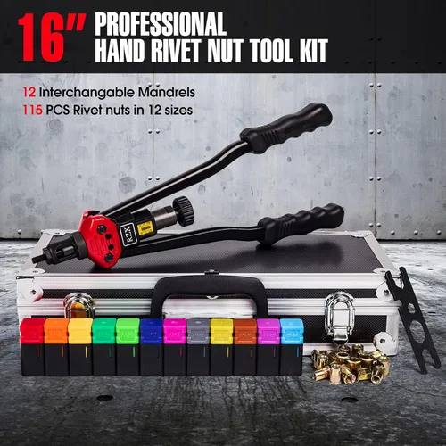 Vista 2 de RZX Herramienta de tuerca de remache de 16 pulgadas, kit profesional de herramientas de tuerca de remache que incluye 12 mandriles métricos y SAE