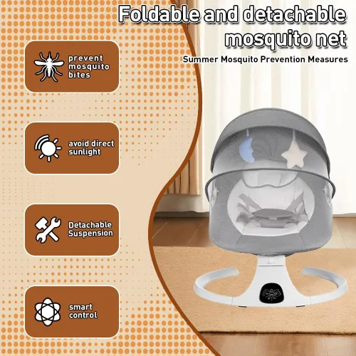 Vista 3 de Silla de columpio automática para bebé con toldo protector UV y mosquitera, móvil de música Bluetooth con estrellas, 5 posiciones de asiento