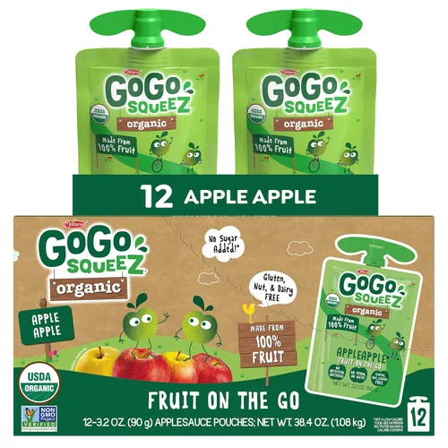 GoGo squeeZ Puré de manzana orgánico y puré de fruta, manzana, 3.2 oz (paquete de 12), bocadillos de fruta orgánicos sin azúcar para niños, sin