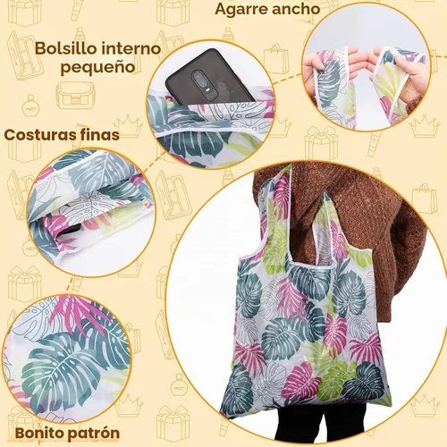 Vista 4 de Paquete de 9 bolsas de comestibles reutilizables, bolsas de compras plegables, bolsa de nailon con asas, lavable, grande, ligera