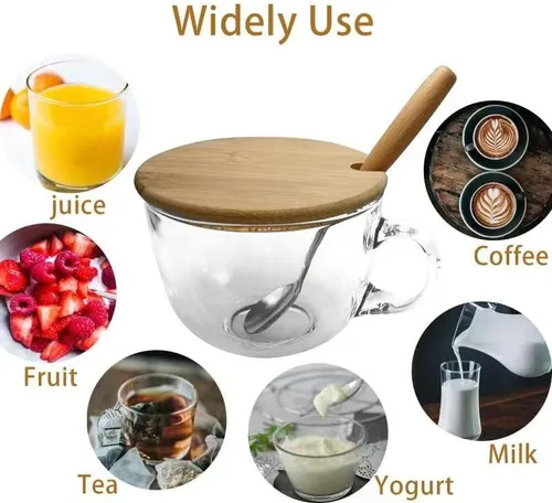 Vista 2 de Jfbrix Taza de café de vidrio con tapa y cuchara de bambú, taza de té de vidrio transparente clásica de 16 onzas para cereales, leche, yogur, jugo