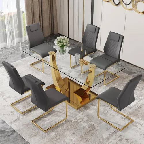 Vista 10 de Juego de mesa de comedor de cristal para 6, juego de mesa de cocina moderno para 6, mesa de vidrio templado de 71 pulgadas con base dorada