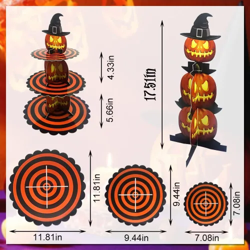 Vista 2 de ALIBBON Soporte para cupcakes de Halloween, torre de 3 niveles de cartón de calabaza, soporte para postres naranja, bandeja para servir cupcakes
