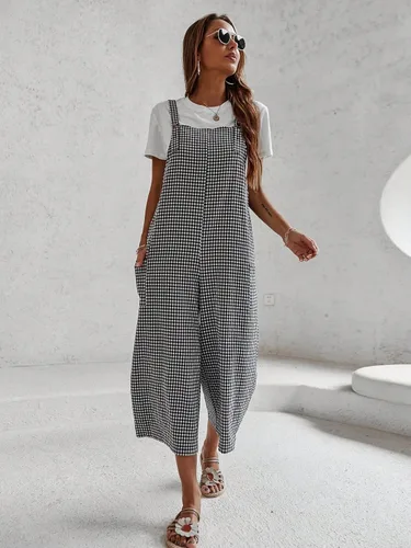 Vista 6 de Floerns Overol de mujer con estampado de cuadros y cintura alta y pierna ancha