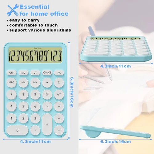 Vista 2 de Calculadoras lindas de escritorio de 6.3 x 4.3 pulgadas/6.3 x 4.3 in, calculadora de escritorio de 12 dígitos, pantalla LCD extragrande, gran Azul