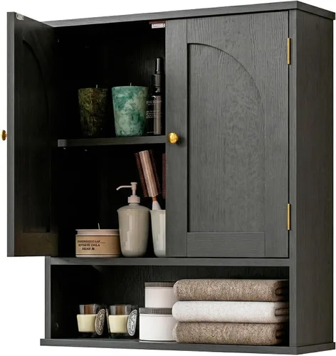 Vista 4 de Medicine Cabinet, Over Toilet Storage Cabinet, Bathroom Wall Cabinet with Arched Doors & Adjustable Shelves, Wall Mounted Cabinet with Open Shelf