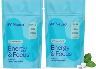 Neuro Energy & Focus Bundle - Goma de mascar nootrópica de menta (90 unidades) + mentas (90 unidades), cafeína natural, L-teanina, B12 + B6, apoyo