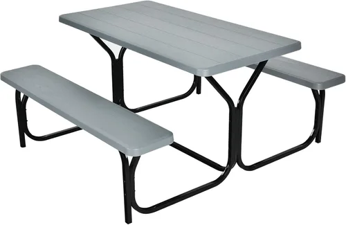 Vista 15 de Giantex - Juego de mesa y banco para picnic para todo tipo de climas, con base de metal, textura similar a la madera, para acampar al aire libre