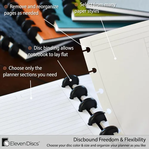 Vista 6 de Eleven Discs - Discos de Expansión de Plástico Negro de 1 Pulgada con Encuadernación de Discos para Cuaderno y Planificador Personalizados