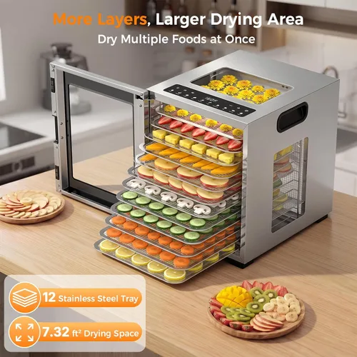 Vista 4 de Suteck Deshidratador de alimentos Pro de 12 bandejas, acero inoxidable, 10 Plata-12 Bandejas