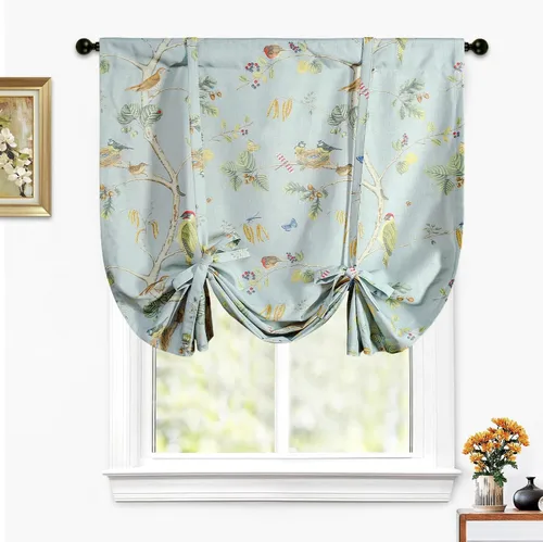 Vista 12 de Leeva - Cortinas azules con nudo para ventanas de cocina, estampado de pájaros, lino con bolsillo para varilla, textura para cortina pequeña