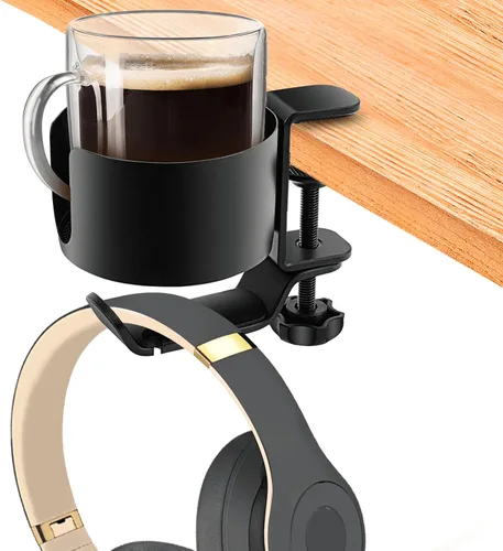 Vista 10 de OOKUU Portavasos de escritorio 2 en 1 con gancho para auriculares, soporte antiderrames para escritorio o mesa, fácil de instalar, resistente