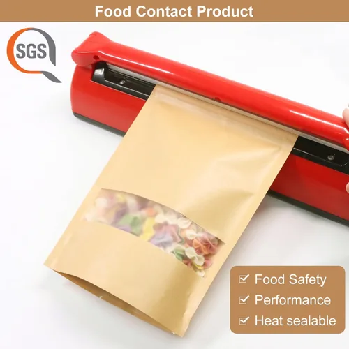 Vista 5 de SumDirect Bolsas de pie de estraza – 50 bolsas de papel kraft resellables con ventana, bolsas de almacenamiento de alimentos con cremallera