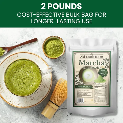 Vista 2 de Aki Foods Japan - Mezcla de café con leche matcha de 2.2 libras (2.2 lbs) - Polvo de té verde japonés de primera calidad, sabor matcha, fácil