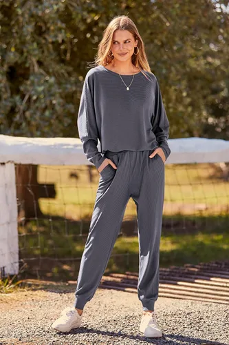 Vista 9 de PRETTYGARDEN - Conjunto de moda de 2 piezas para mujer, color liso, sudadera sin botones y de manga larga, pantalón largo