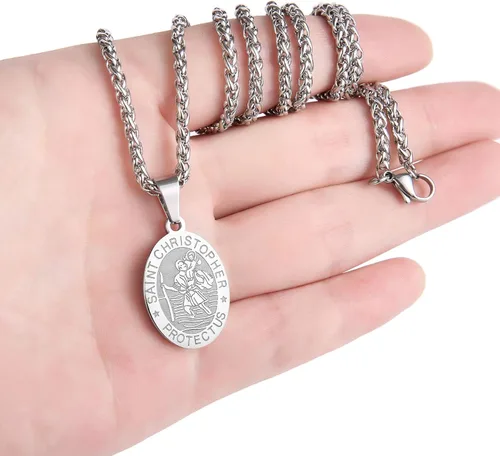 Vista 3 de P BLAKE Collar ovalado de San Cristóbal de MiguelJoséJudaVirgen MaríaJoséFrancisPatrickAnthonyBenedictThomas para hombres y mujeres colgante
